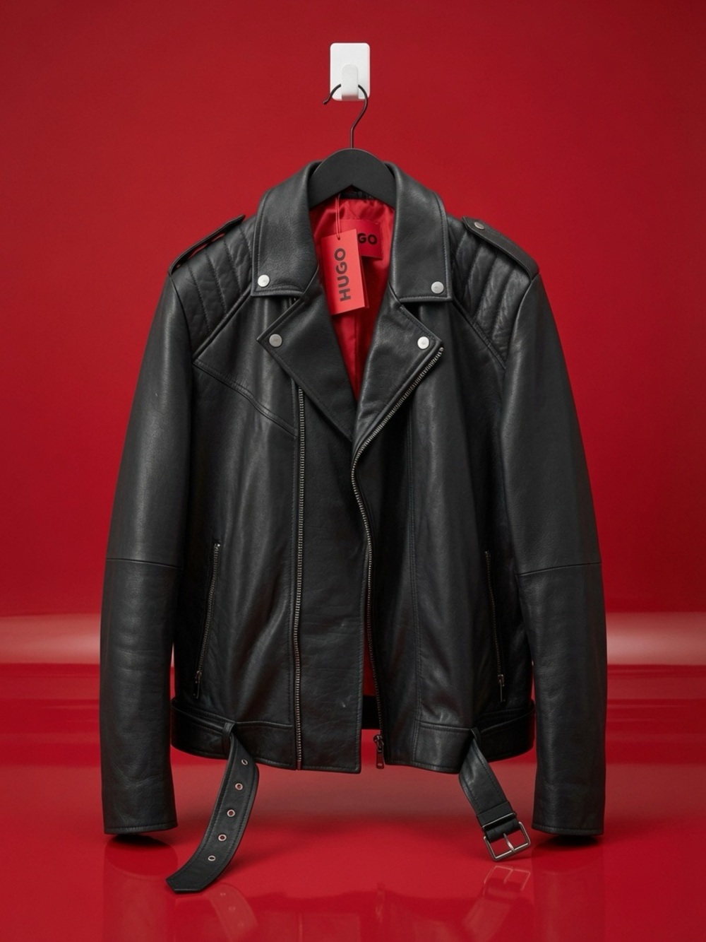 HUGO Black Leather Biker Jacket with Red Lining